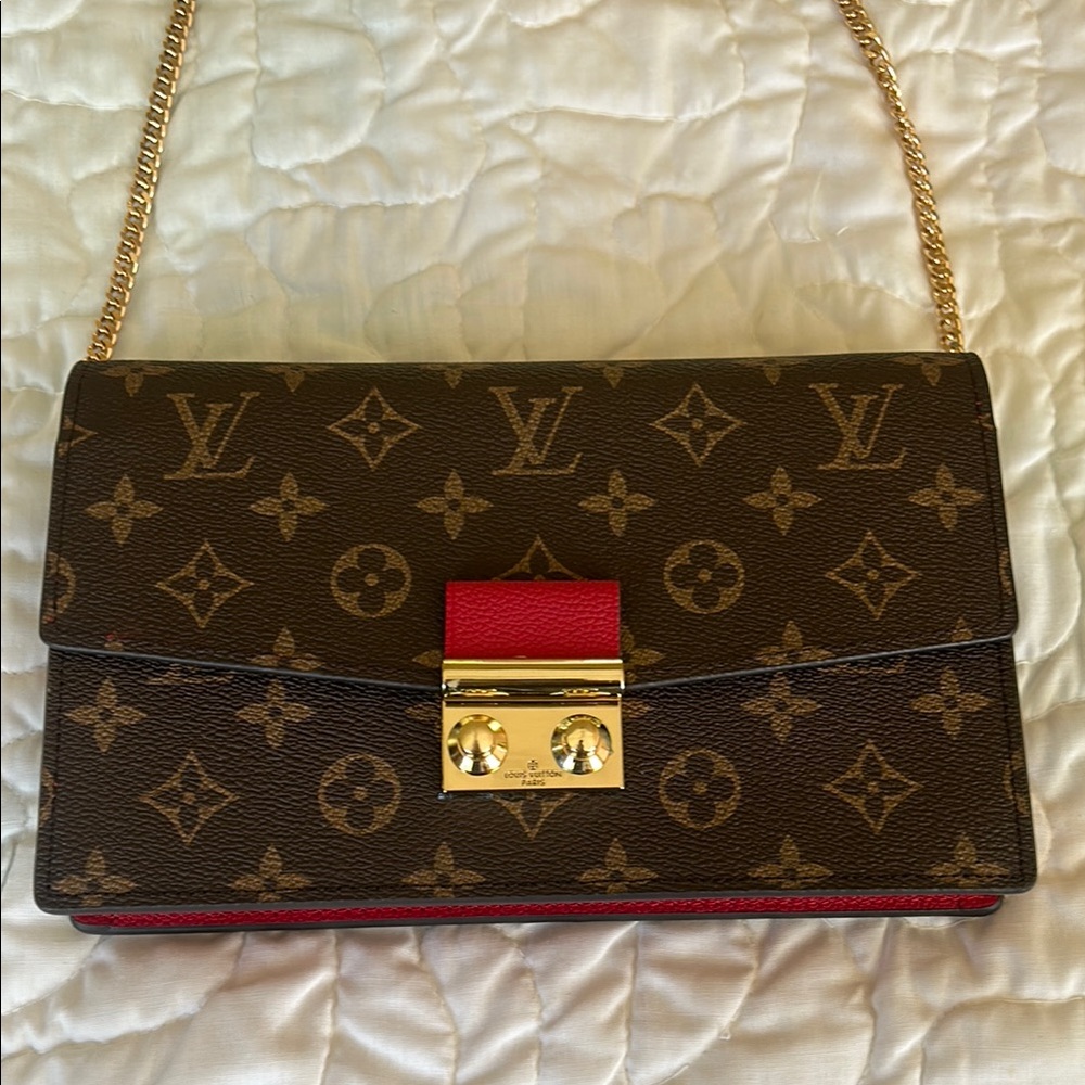 Designer Inspired Brown Monogram with Red Trim Chain Shoulder Bag
